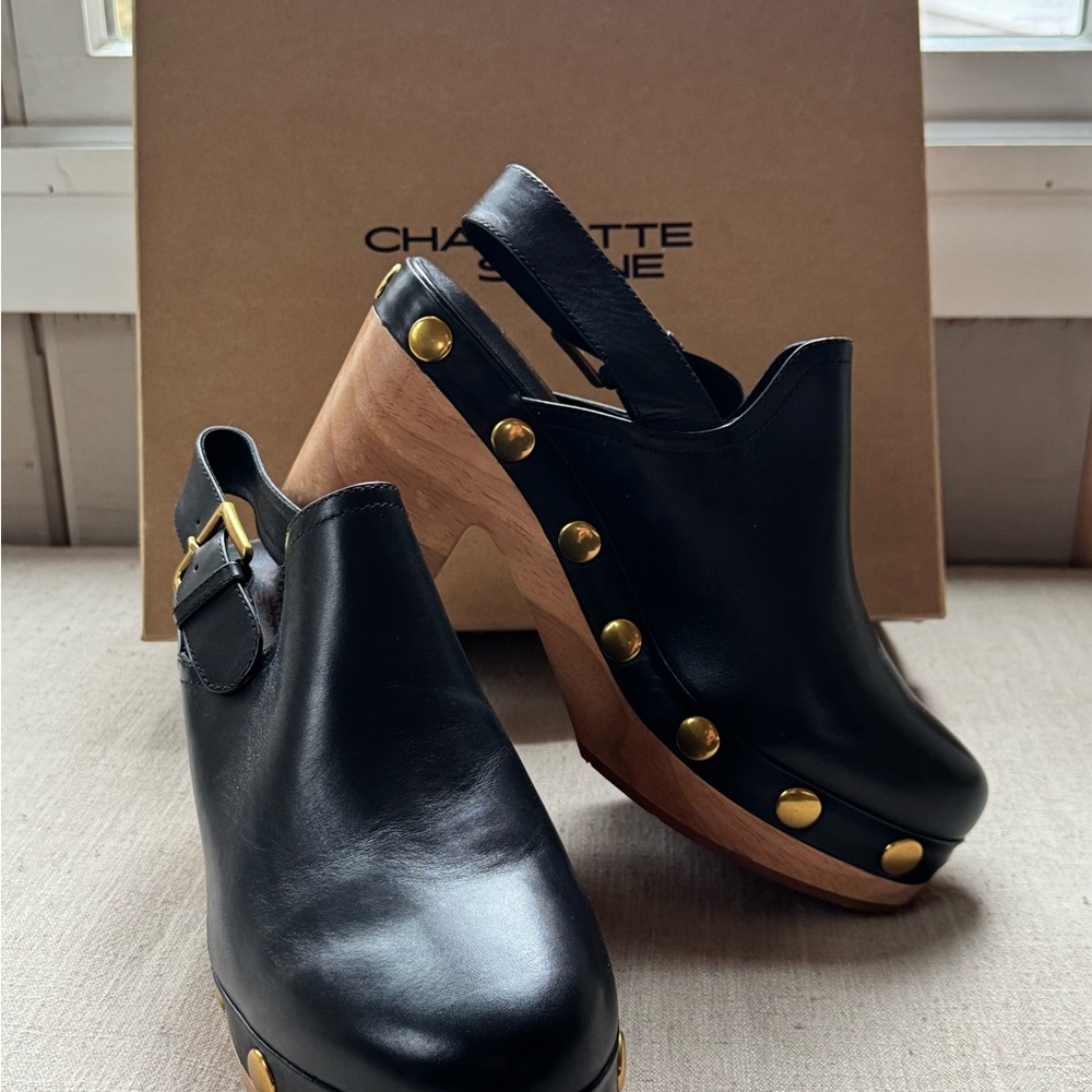 Charlotte Stone Black Leather Mules with Gold Studs - Picture 2 of 6